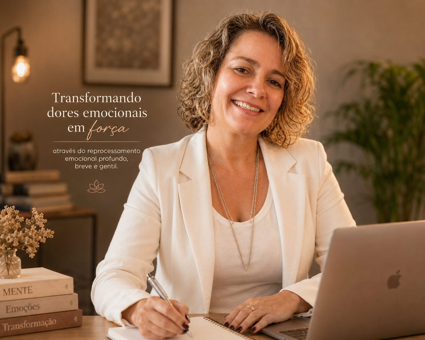 Melissa Sartório, psicoterapeuta emocional, sorridente em seu consultório acolhedor